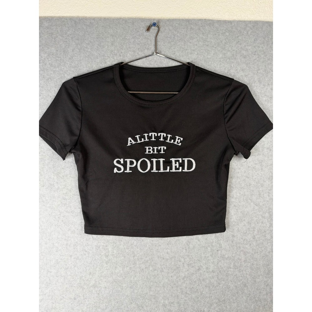 Black Ribbed Crop Top A Little Bit Spoiled Graphic Short Sleeve Tee Small
